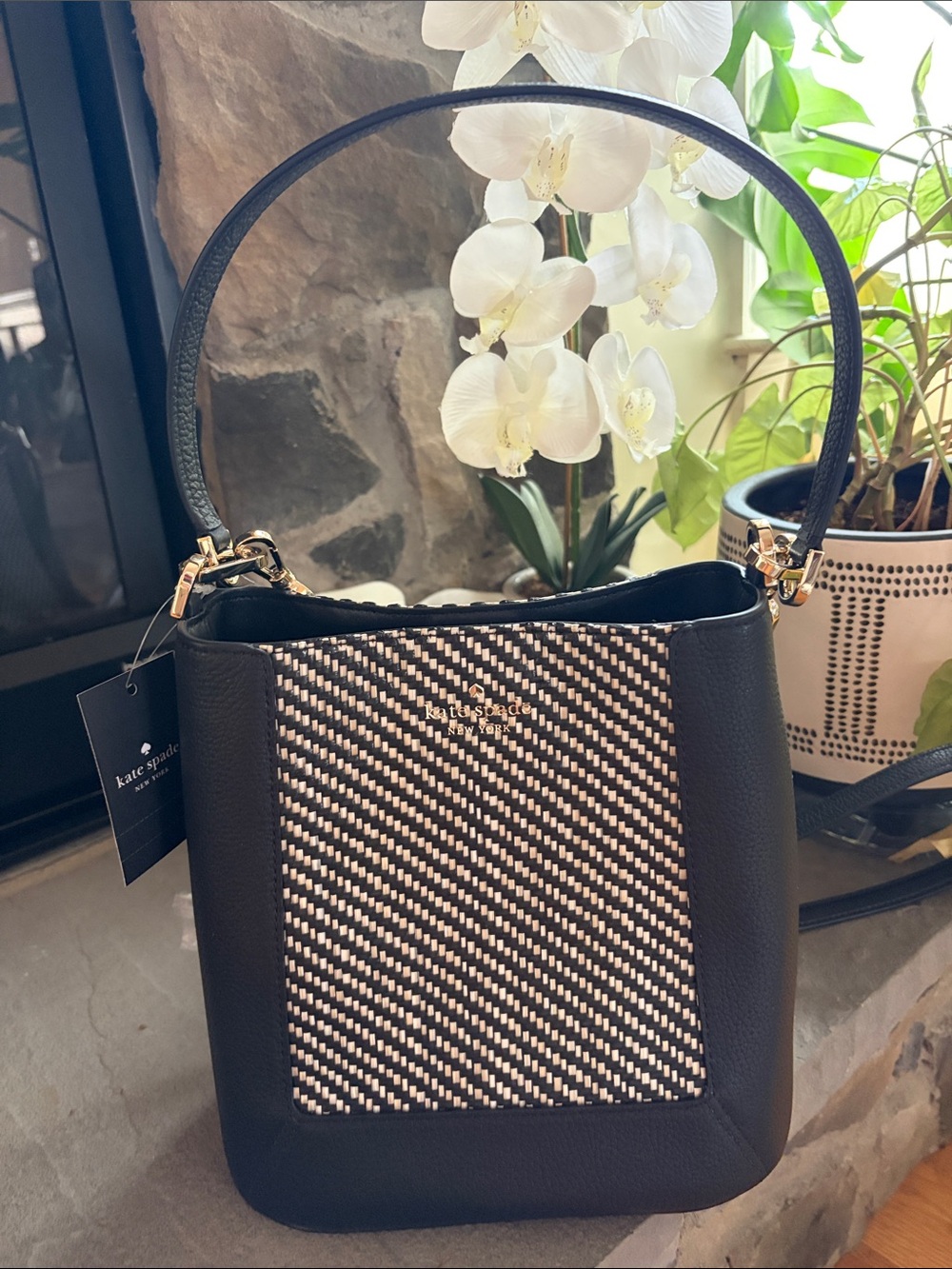 NWT Kate Spade NY Lena Straw Bucket Bag Raffia & Black Leather NEW